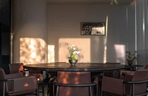 A well-lit, modern restaurant interior with a round dining table, brown leather chairs, and a potted plant.