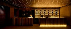 Industrial style restaurant bar with wooden counter and lighting