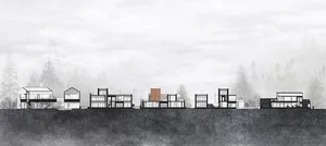 A modern residential structure featuring a mix of materials, including glass and concrete, on a sloped terrain.