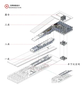 Detailed architectural rendering showcasing a steel-structured building with exposed beams and structural elements.