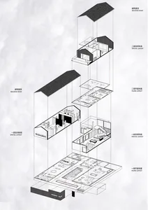 3D architectural rendering of an interior design setup.