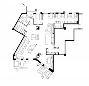 Black and white architectural floor plan sketch of a building or office space.