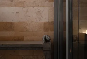 Modern interior space showcasing marble walls and a stone bench.