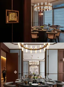 Modern restaurant interior with wooden accents and metal chandeliers.