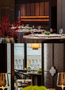 Modern restaurant interior featuring glass and wood materials