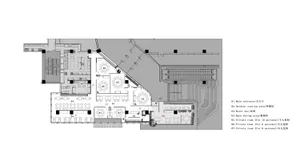 Floor plan of a restaurant shop with designated areas for main entrance, water bar, dining rooms, and private rooms.