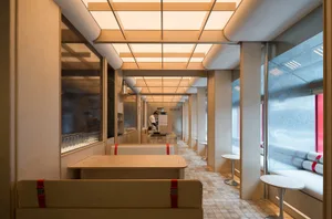 A modern cafe interior with wooden furniture and seating areas.