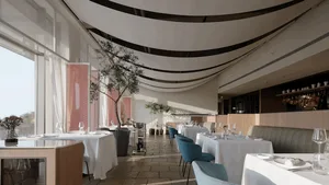 Modern restaurant interior with white tablecloths, blue chairs, white tables, brown flooring, green plants, black vertical st