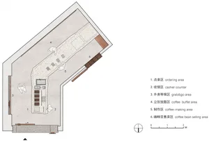 Floor plan of a coffee shop featuring concrete, steel, and wood materials.