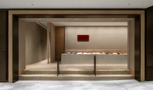 An elegant, minimalist entryway in modern office interior design, featuring a wooden and concrete design.