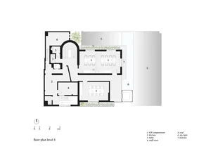 A detailed architectural floor plan of an office space, including VIP compartments, kitchen, toilet, and staff room.