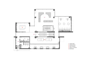 An industrial office space with concrete, steel, and glass materials, featuring a central share table, seminar room, display 