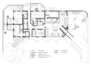 A detailed 2D technical drawing of a modern office space, showcasing various functional zones such as workstations, meeting r