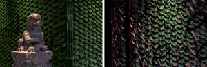 A close-up view of the ceramic-tile exterior of the Empire State Building showcasing intricate patterns and designs.