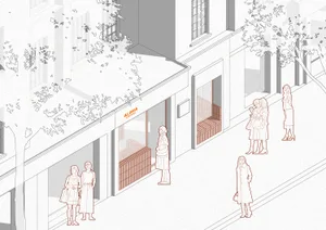 A line drawing of a street view featuring Aloha Coffee Shop with people waiting in line.