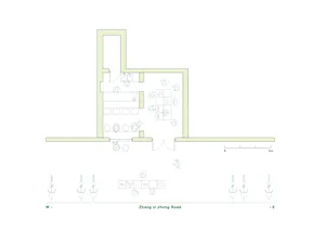 Floor plan of a cafeteria layout, including seating arrangements and functional zones.