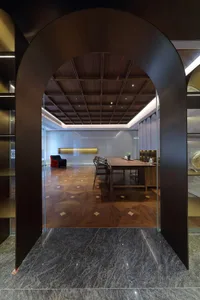 Modern office space featuring wood elements and contemporary design
