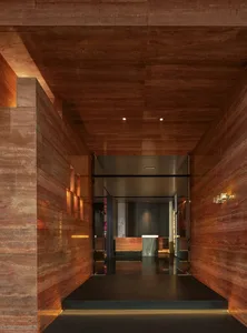 A modern entrance lobby featuring stone walls and flooring.