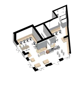 An overhead view of a cafe interior with a black and white color scheme and mixed materials.