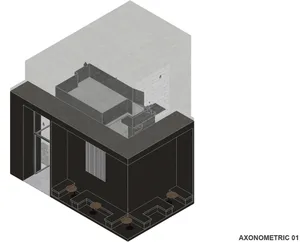 Axonometric view of a modern residential cafe interior with concrete walls and floors.