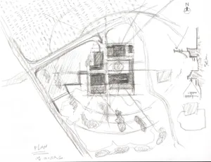 Hand-drawn architectural plan of a building on paper