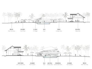 Floor plan of a hotel resort featuring mixed materials such as metal, glass, and concrete.