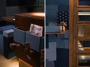 Closeup of industrial furniture display featuring denim textiles