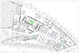2D architectural drawing of a cafeteria layout on blueprint paper