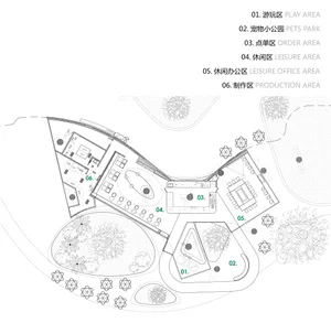 An architectural plan of a playground, showing various functional zones.