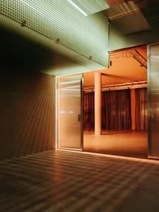 Modern interior space featuring glass elements