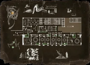 Floor plan of a modern restaurant layout drawn on paper.