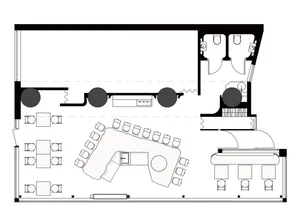 A detailed 2D architectural drawing of a conference room layout plan.