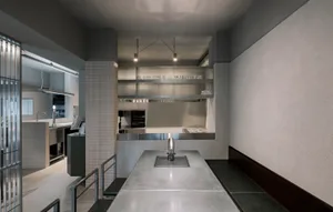 Modern industrial restaurant kitchen with a sleek concrete countertop.