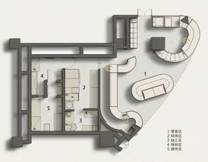 Floor plan of a kitchen with mixed materials and various functional zones.