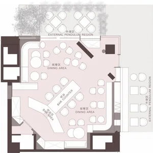 Floor plan of a restaurant showing dining area, bar counter, and external pendulum regions.