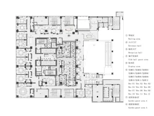Floor plan of a hotel lobby with various seating and waiting areas, reception hall, and conference spaces.