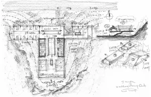 Black and white sketch of a building's floor plan with various annotations and labels indicating measurements, views, and dir