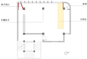 Floor plan of an urban architectural design showing various functional zones such as a bar, storage, and external columns.