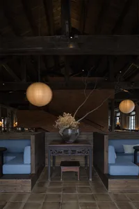 Modern lobby interior designed with wooden materials and features