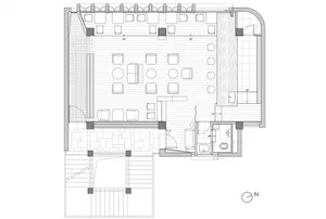 Modern restaurant floor plan featuring wood dining areas and tile waiting space