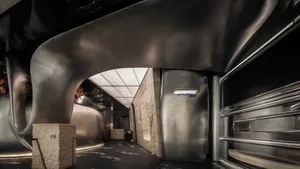 Industrial-style hotel lobby with metallic archways and concrete walls.