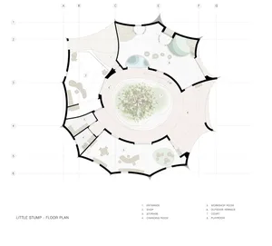 Circular building floor plan with central courtyard and various rooms and spaces.
