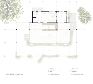 2D architectural drawing of Little Stove restaurant featuring concrete, steel, and glass materials.