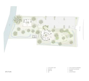 A black and white architectural design site plan of a park or recreational area showing various functional zones such as a Li