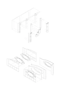 An architectural illustration of a modern interior space featuring metal columns and structural elements.