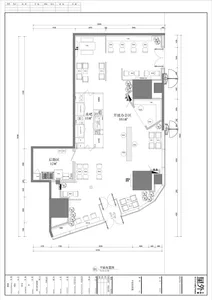 Detailed 2D architectural drawing of an open office layout, showing open office areas, a water bar, and a break area.