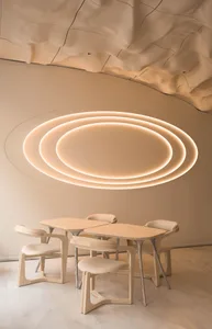 Modern minimalist interior design featuring wooden tables and chairs with a circular light fixture and curved ceiling.