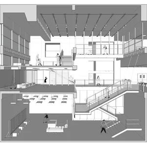 A detailed architectural drawing of a modern shopping center with glass, metal, and concrete materials.