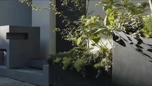 Modern concrete staircase with a built-in planter box containing green plants and foliage.