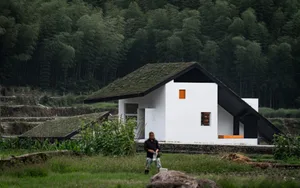 A minimalist building with concrete walls and a glass roof surrounded by greenery.